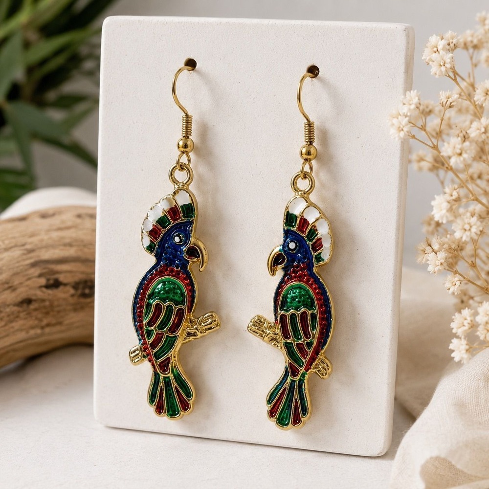 Tropical Parrot Earrings Colorful Enamel Bird Dangle Statement Jewelry - Picture 1 of 2